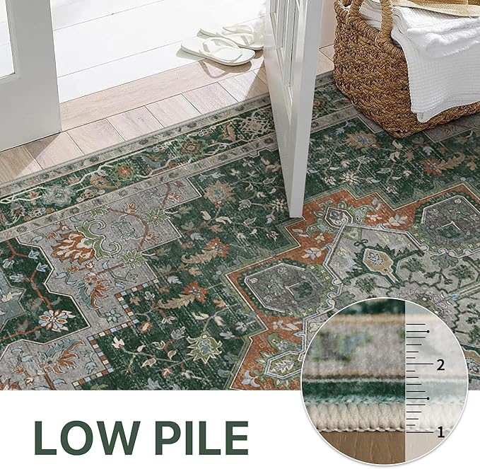 GENIMO 2x5 Runner Rugs for Hallway, Machine Washable Non Slip Vintage Rugs, Low Pile Lightweight Soft Print Rug for enrtyway, Corridor, Home Office, Kitchen,Pine Green
