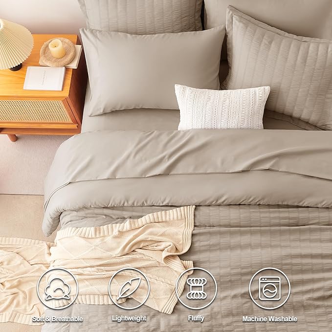 CozyLux King Size Comforter Set Khaki Seersucker 7 Pieces Bed in a Bag King Comforter Set with Sheets, Luxury Soft Bedding Set with Down Alternative Comforter, Sheets, Pillowcases & Shams All Seasons