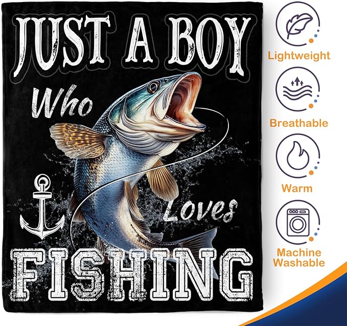 Aimego Fishing Fish Blanket Gifts for Fisherman - Just A Boy Who Loves Fishing Throw for Dad Men Women Adults Soft Fleece Cozy Bed Couch Decor Birthday Christmas Lightweight Blanket 50"x60"