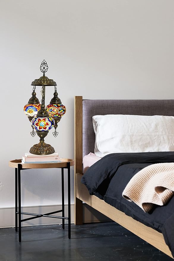 mozaist Turkish Table Lamp, Boho Lamp, 3 Globe Mosaic Desk Light, Decorative Tiffany Lampshade, Colorful Vintage Lamp for Bedroom, Living Room, Kids Room US Plug & E12 Socket, Mixed Mosaic