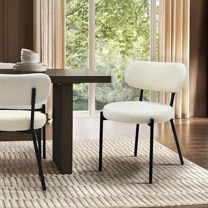 Dining Chairs Set of 4 pcs, Boucle Comfortable Upholstered Seat Fabric with Curved Backrest, Mid Century Modern Contemporary Scandinavian Designer Chairs Ideal for Dining Room, Kitchen, White