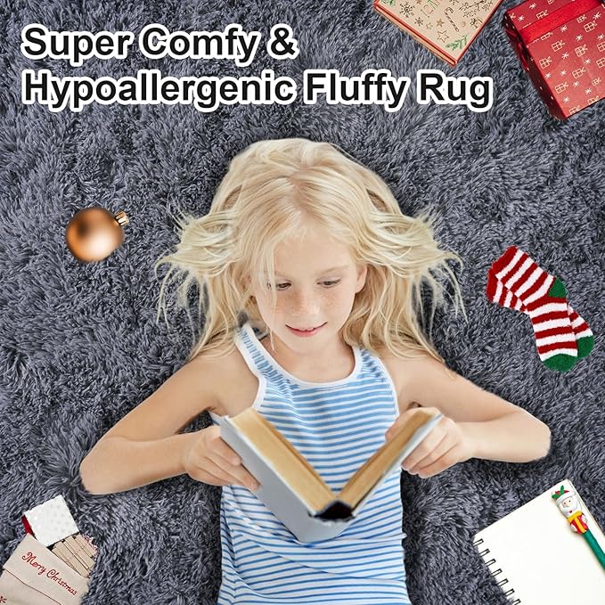9 x 12 Large Area Rugs for Living Room, Ultra Fluffy Plush Rug for Living Room Bedroom, Thick Fluffy Carpet for Girls Boys Kids Room, Non Slip Dorm Rug for Home Decor Aesthetic, Dark Grey