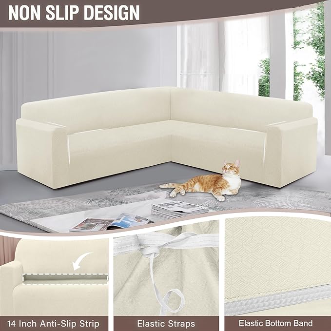 HDCAXKJ Sectional Couch Cover L Shape Stretch Sofa Covers Washable Jacquard Corner Couch Slipcover Non Slip Sectional Slip Cover U Shaped Furniture Protector for Pets Dogs (Ivory White, Small)