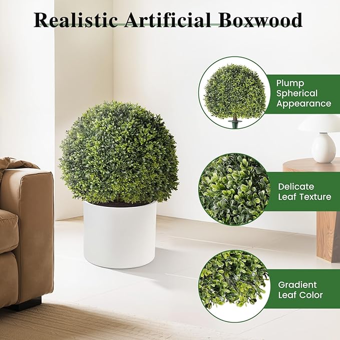 Lewondr Artificial Boxwood Topiary Ball Trees, 22.83'' Fake Plants Outdoor with Ground Spike, Set of 2 UV and Fade Resistant Faux Greenery Shrubs for Outdoor Indoor Front Porch Garden, Green