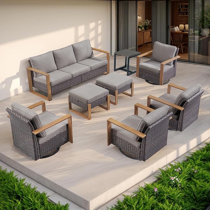 Outdoor Couch Wicker Patio Sofa, Rattan Patio Furniture Sofa with Sturdy Frame,All-Weather PE Wicker,Wide Armrest,Deep Seating and Thick Cushions for Deck Porch Garden(Brown/Grey)