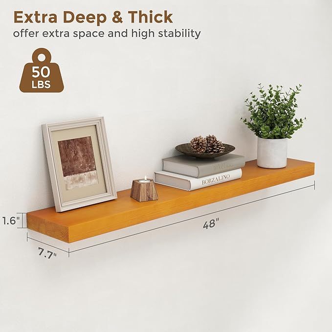 Marsmiles Floating Shelves for Wall - 48 Inch Rustic Wood Floating Shelves Set of 1-48 Inch Wide x 7.7 Inch Deep x 1.6 Inch Thick Wooden Shelves for Room Wall