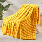 NEWCOSPLAY Faux Fur Throw Blanket Mustard Yellow Bubble Blanket Thick Warm Soft for Couch Sofa Bed 550GSM (Mustard Yellow, Throw(50"x60"))