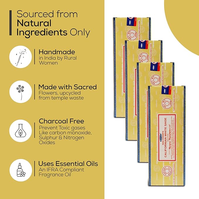 Satya Californian White SageIncense Sticks 250 gmx 4 Pack (1000 GMS), Insenses with Raajsee Incense Holder Bundle, Nag Champa Natural Incense