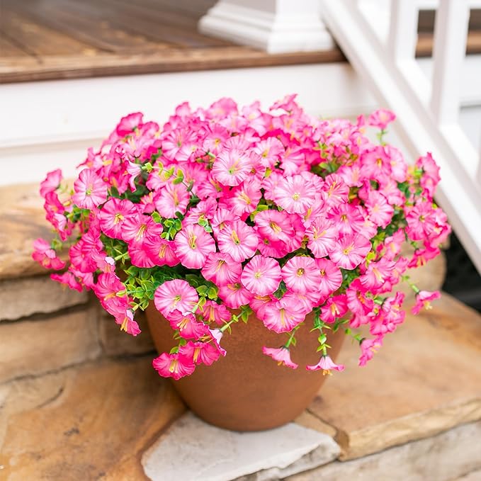 HyeFlora Artificial Flowers for Outdoors Fake Plants Outside Decoration, 12 Bundles Silk Pink Morning Glory with Eucalyptus UV Resistant Look Real Faux Flowers for Planter Front Door Yard Gardens Home