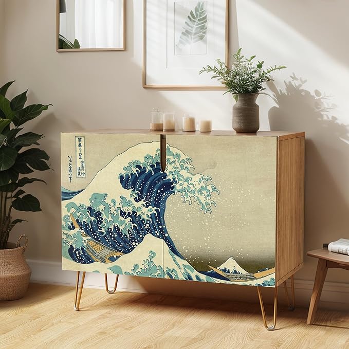SIGNWIN Sideboard Buffet Cabinet, Kitchen Storage Cabinet with 2 Doors, Japanese Great Wave Off Kanagawa Vintage, Cupboard Console Table for Dining Room - 35" L x 18" W x 29" H