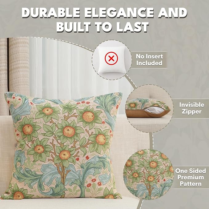 Charlotte Home Furnishings Decorative Tapestry Pillow Cover 19x19 in, Orange Tree Couch Throw Pillow Cover, French Country Square Cushion Cases for Living Room Home Decor, Soft Cotton Jacquard Woven