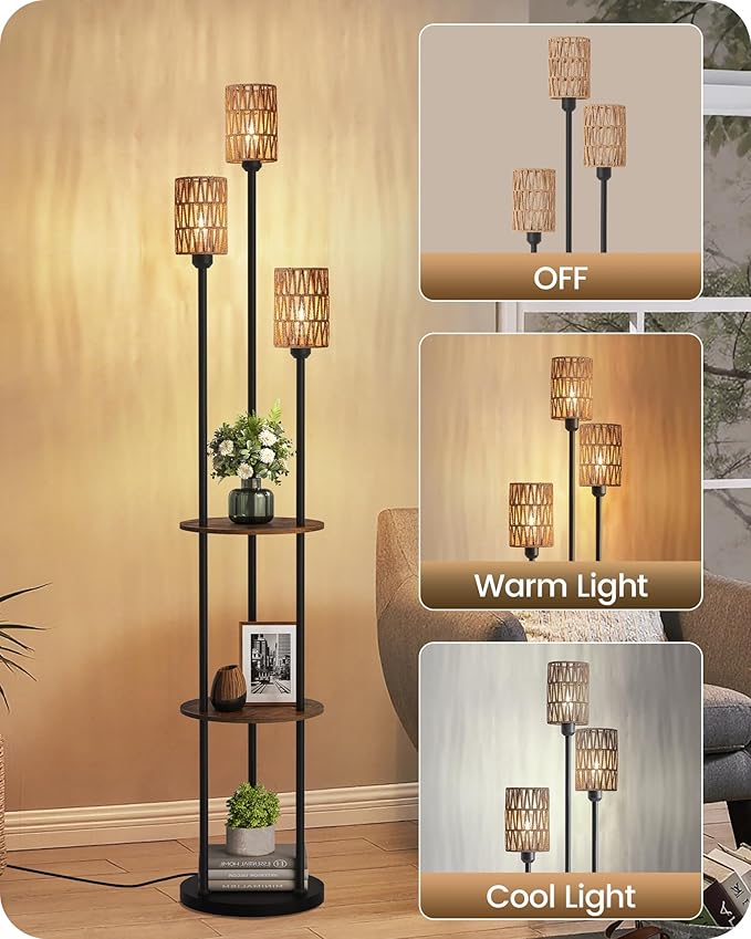 Floor Lamp with Shelves, Boho Floor Lamp with Foot Switch, 3-Light Standing Lamp, for Living Room, Bedroom, Study, Rustic Brown and Yellow YF53LD05 ﻿