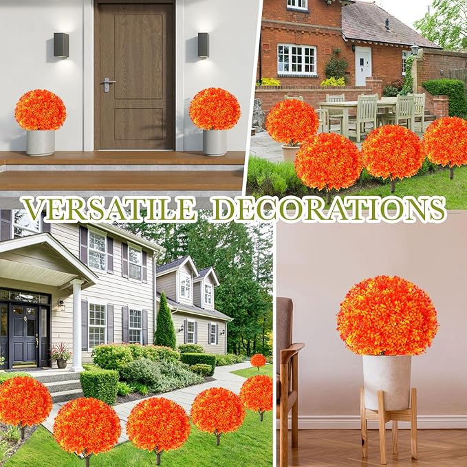 Yunlly Set of 2 Artificial Boxwood Topiary Ball Tree 27 Outdoor Boxwood Balls with Flower Faux Bush UV Resistance Fake Shrub Plant with Spike for Garden Porch Patio Decor (Fall Dark Orange,27x18inch)