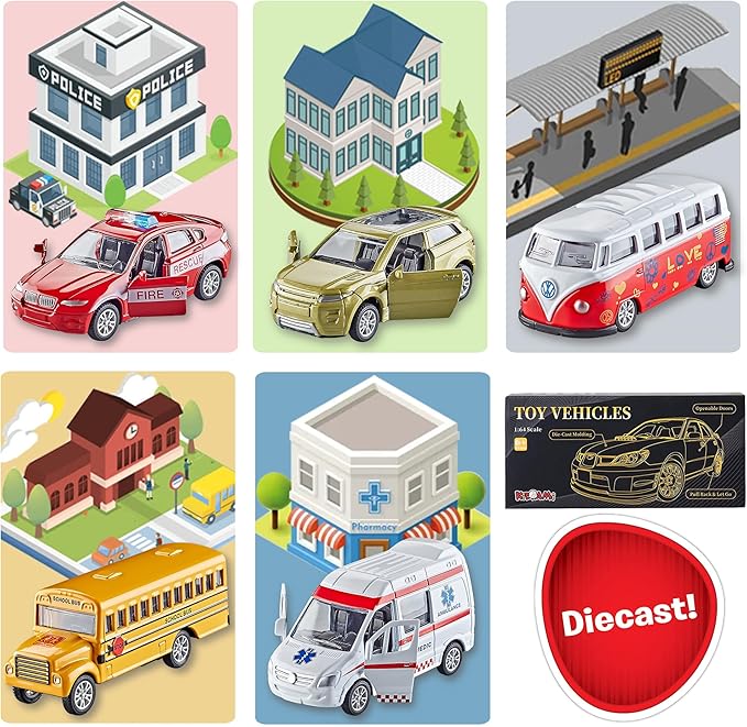 KIDAMI Die-cast Metal Toy Cars Set of 5, Openable Doors, Pull Back Cars Ambulance, Gift Pack for Kids (Official Car Ⅱ)