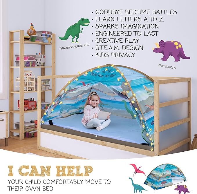 Dinosaur Twin Bed Tent for Kids Indoor Fort - Magical Dream Tents for Boys Pop Up Toddler Bed Canopy for Girls Bunk Bed Tent for Top Bunk - Sensory Sleep Pod for Kids Educational