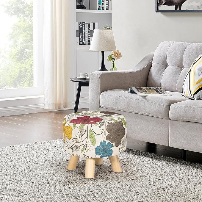 Asense Small Round Ottoman Foot Rest Stool Linen Padded Seat Footstool Ottoman with Anti-Slip Wooden Legs (Flower,Linen)