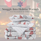 Southshore Fine Living, Inc. Twin Christmas Quilt Set w/Matching Pillow Sham, Reversible Holiday Bedding Set, Quilt Coverlet, Twin/XL, Cute Christmas Tree Design - Red, White & Silver