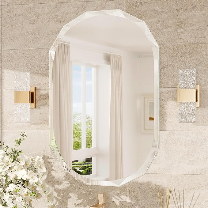 TokeShimi 24x36 Oval Bathroom Vanity Mirror Beveled, Frameless Mirror Bathroom Stylish, Shatterproof Decorative Irregular Wall Mirrored Modern Circle for Living Room, Entryway, Restroom