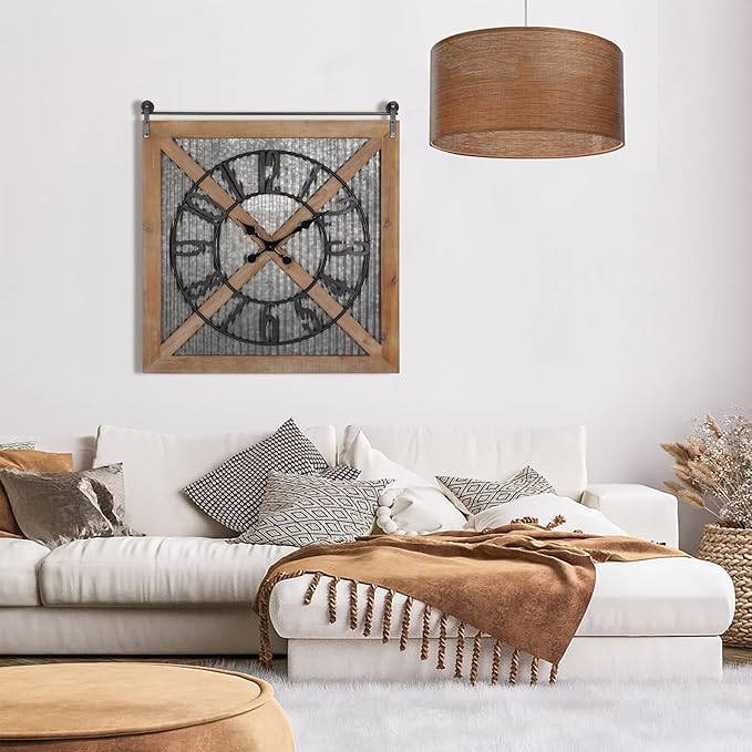 Oakrain Rustic Large Wall Clock, Classic Vintage Hanging Clock, Silent Non-Ticking Square Wall Clock for Living Room Bedroom Office, Numeral, Brown, 27''x29''