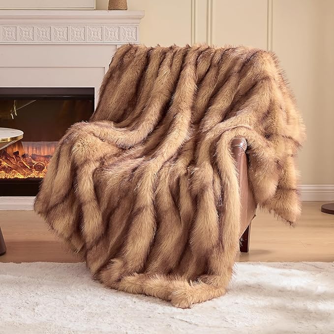 Fluffy Faux Fur Throw Blanket – Super Soft Warm Thick Plush Blanket for Bed, Couch & Office, Cozy Fuzzy Throw with Flannel Backing,60"x80", Brown