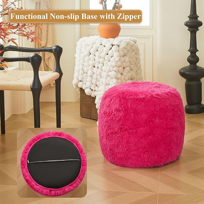 XeGe Fluffy Faux Fur Inflatable Pouf Ottoman, Soft Fuzzy Foot Stool Anti-Slip, Plush Foldable Foot Rest Floor Pouf for Kids Girls Adult, Cute Round Ottoman Cushion Living Room Bedroom, Hot Pink