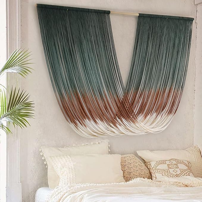 Macrame Wall Hanging Dip-Dye Green Boho Wall Decor Chic Fiber Yarn Wall Art Craftsmanship Bedroom Livingroom Nursery Apartment Home Decor 57" W x 35" L
