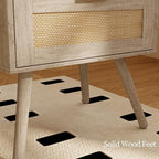 Rattan Nightstand,Farmhouse Bedside Table with 2 Storage Drawer and Open Wood Shelf, for Bedroom and Small Spaces,Night Stand with Solid Wood Legs (Grey Oak)