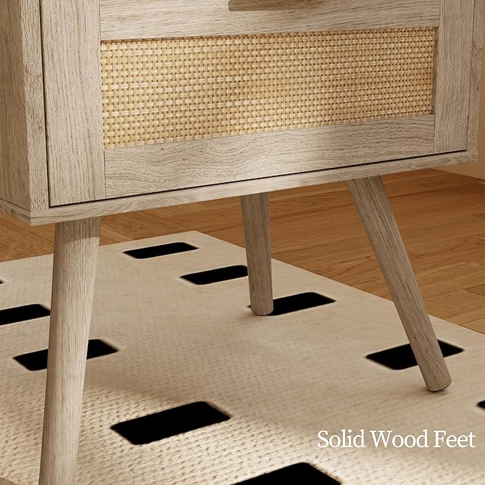 Rattan Nightstand with Charging Station,Farmhouse Bedside Table with 2 Storage Drawer and Open Wood Shelf, for Bedroom and Small Spaces,Night Stand with Solid Wood Legs (Grey Oak-Outlet)