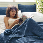 PHF Ultra Soft Waffle Weave Blanket Twin Size 66"x 90"- Washed Lightweight Breathablee Cozy Woven Blanket - Great for Couch Bed Sofa Home Car - Navy Blue