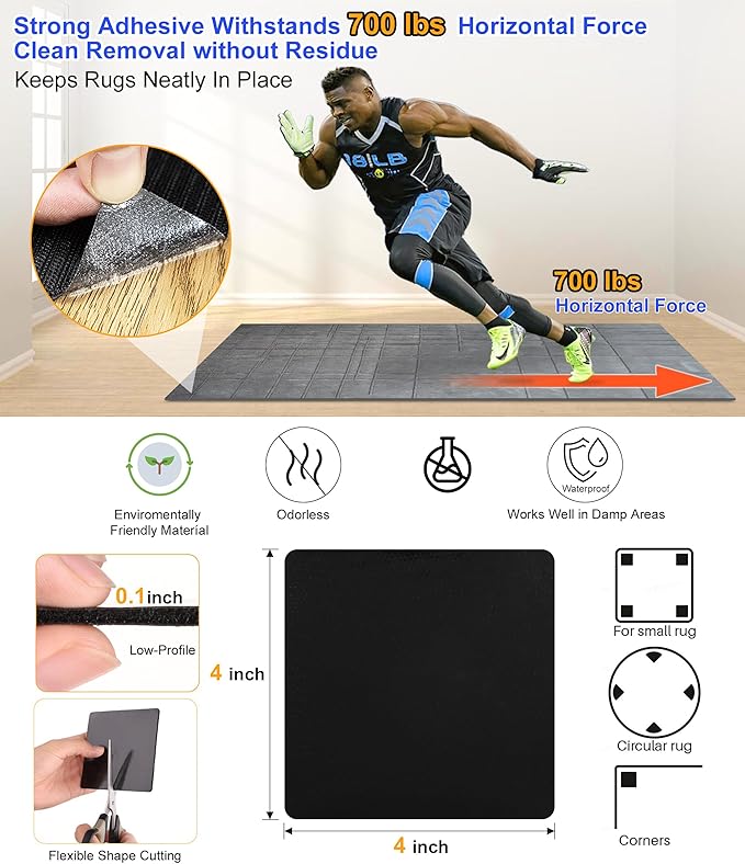 Audend Double Sided Rug Gripper, 12 Pack Non Skid Rug Pads, Rug Stickers on Wood Floor and Tile Floors, Black Carpet Gripper, Rug Gripper for Indoor, Outdoor, Home, Kitchen,Yoga Mat