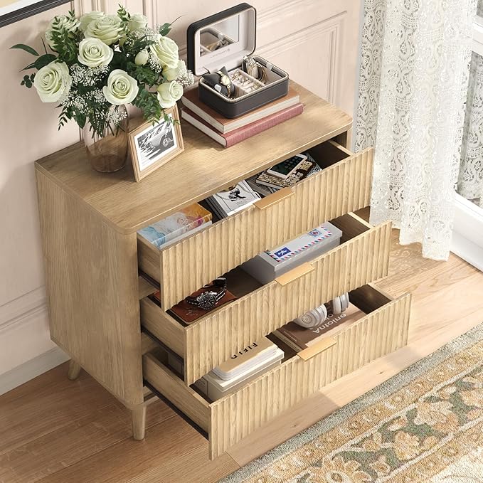 Evermagin 31.5W×29“H Large Fluted Nightstands Set of 2, 3 Drawer Light Wood Night Stand Bedside Table, Mid Century Modern Small Dresser for Bedroom, Natural Oak
