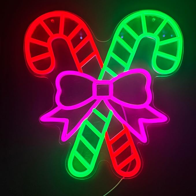 Neon Sign Cartoon Christmas Wreath Neon Light Sign LED Signs for Wall Light Up Signs for Home Party (Candy Cane)