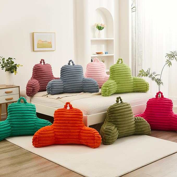 Faux Fur Fluffy Pink Reading Pillow with Pockets, Luxury Striped Plush Decorative, Arm Rests and Back Surport for Bed Rest, Lounging on sofa, Standard