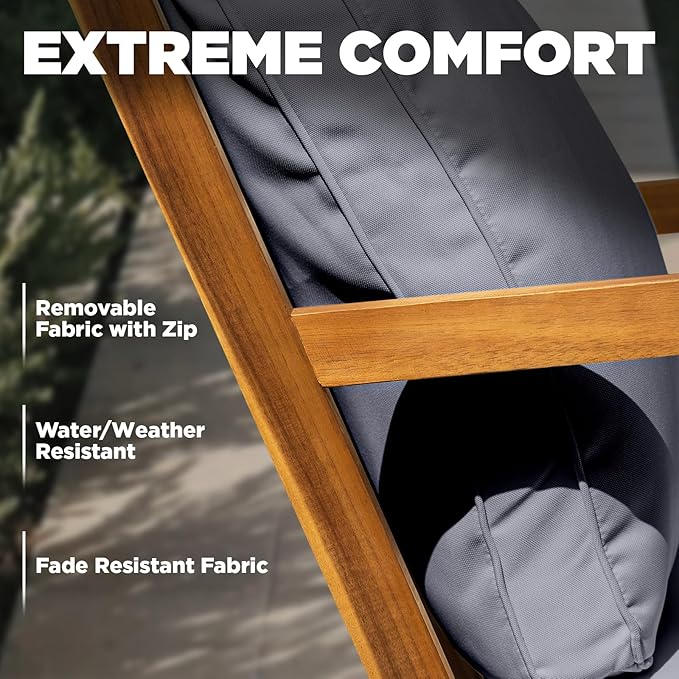 IDZO Club Rocking Chair 500lbs Capacity with Inclined Backrest, Thick Foam Cushion, Solid Acacia Wood Rocker for Patio, Backyard, Balcony, Porch, Grey