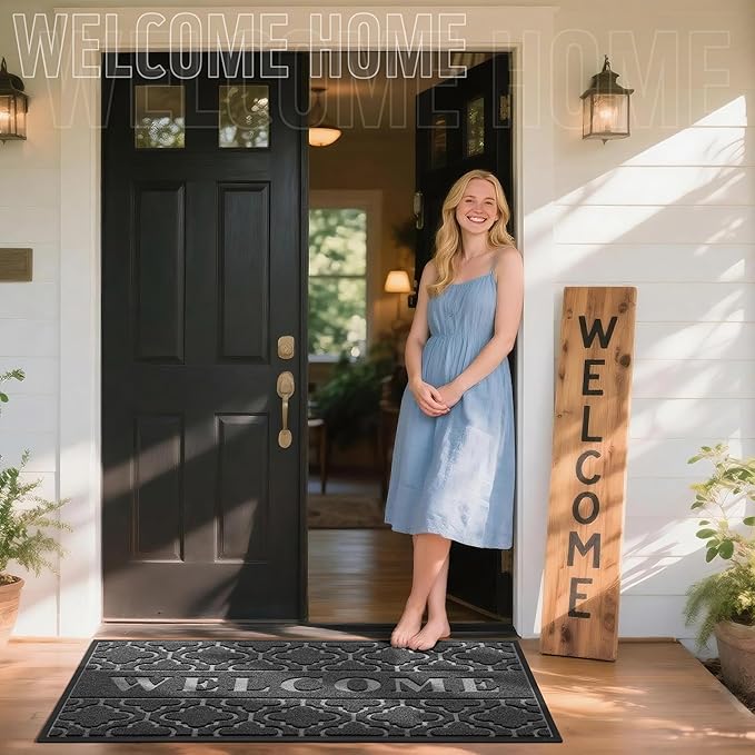 Yimobra Welcome Mat Outdoor Indoor, All-Season Waterproof Front Door Mat Outside Entrance, All-Weather Heavy Duty Non-Slip Doormat, Low Profile Porch Patio Entrance Mats, 60x36, Dark Grey