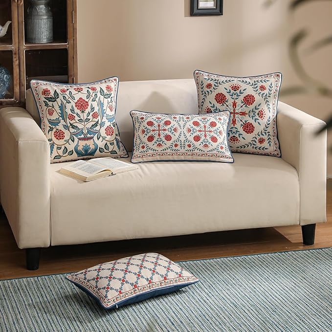 patdrea Designer Throw Pillow Covers Set of 4,Brilliant Vintage Red Tropical Linen with Floral Pattern Pillow Cover,Decorative Lumbar and Square Pillowcases Cushion for Bed Living Room Outdoor