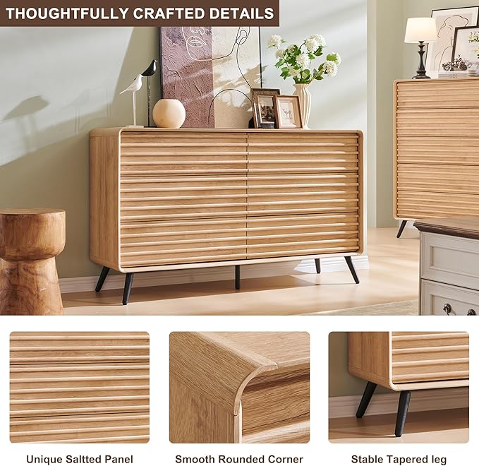 RedLemon 6 Drawers Dresser for Bedroom, 54'' Wide Mid Century Modern Wood Fluted Double Dresser, Chest of Drawers with Tapered Leg for Bedroom, Living Room, Hallway, Closet, Natural Oak