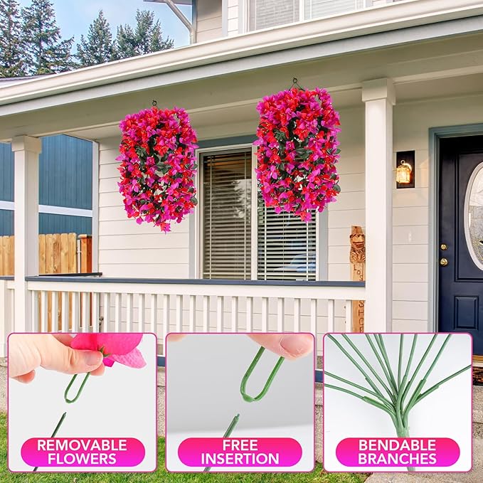 Artificial Bougainvillea Flowers for Outdoor Plant,4 pcs Faux Hanging Flowers Bougainvillea for Outside Decoration,Fake Silk UV Resistant Vines for Front Door Porch(Rose red+Fuchsia)