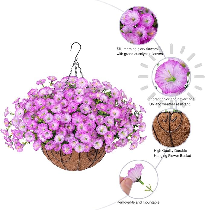 Artificial Faux Hanging Plants Flowers Basket for Outdoor Outside Spring Summer Decoration, Silk Purple Morning Glory in Planter UV Resistant Look Real Fake Flowers for Porch Patio Balcony Home Yard