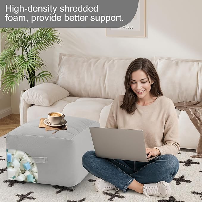 MeMoreCool Square Stuffed Pouf Ottoman Foot Rest, Floor Pouf Foot Stool with Foam Chunk Filling, Soft Stuffed Ottoman Footrest for Living Room, Light Grey
