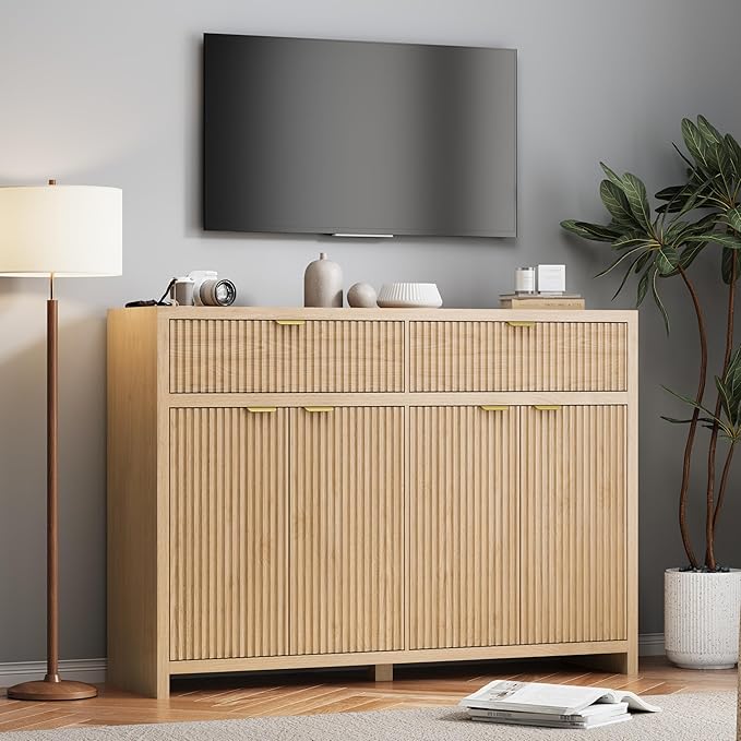 Fluted Sideboard Buffet Cabinet with Storage Drawers, 55" Large Accent Storage Cabinet for Entryway, Kitchen, Living Room - Wood