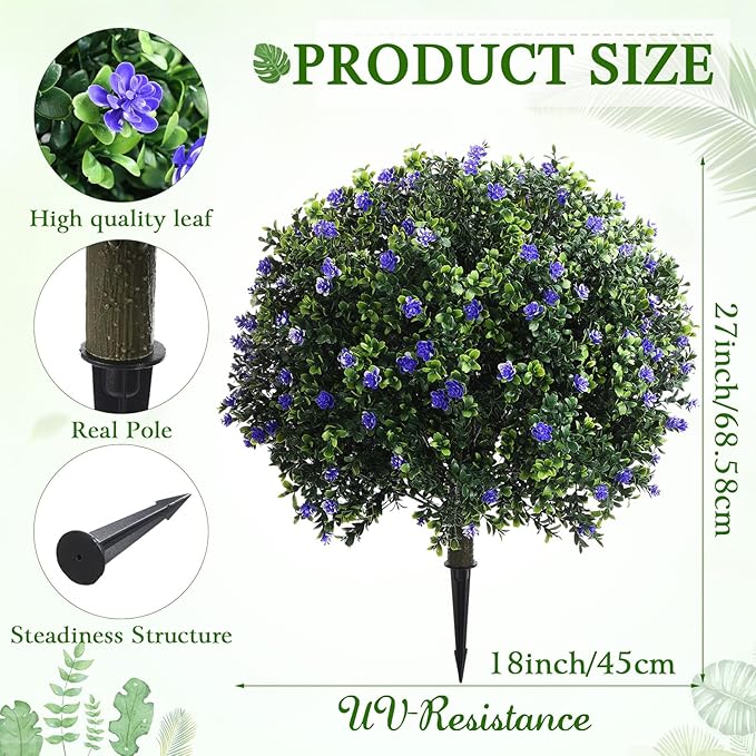 Yunlly Set of 2 Artificial Boxwood Topiary Ball Tree Fake Bushes Shrubs Outdoor Faux Plant with Ground Spike Flowers UV Resistance Greenery for Front Porch Garden Patio Indoor(Purple,27x18inch)