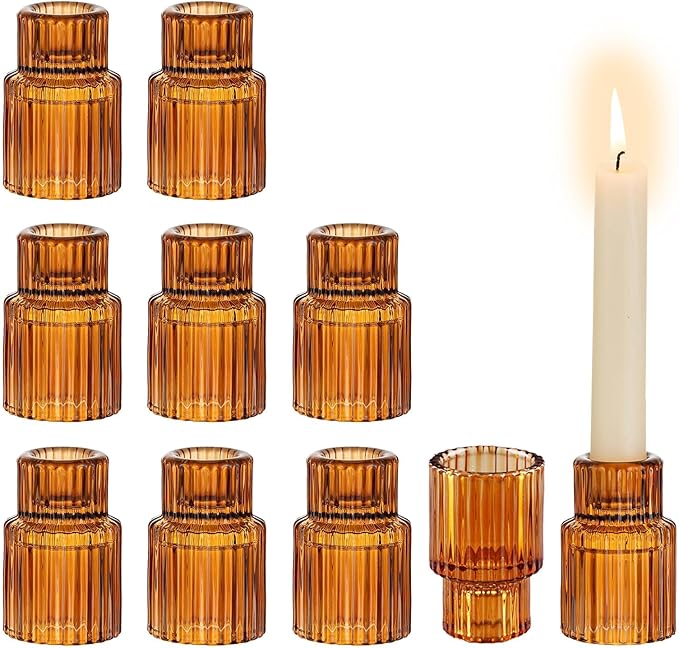 Glasseam Glass Candle Holders for Candlesticks: 10PCS Small Amber Candle Stick Holder Decor Ribbed Taper Candle Holder for Table Centerpiece Fall Candle Holders for Christmas Halloween Thanksgiving
