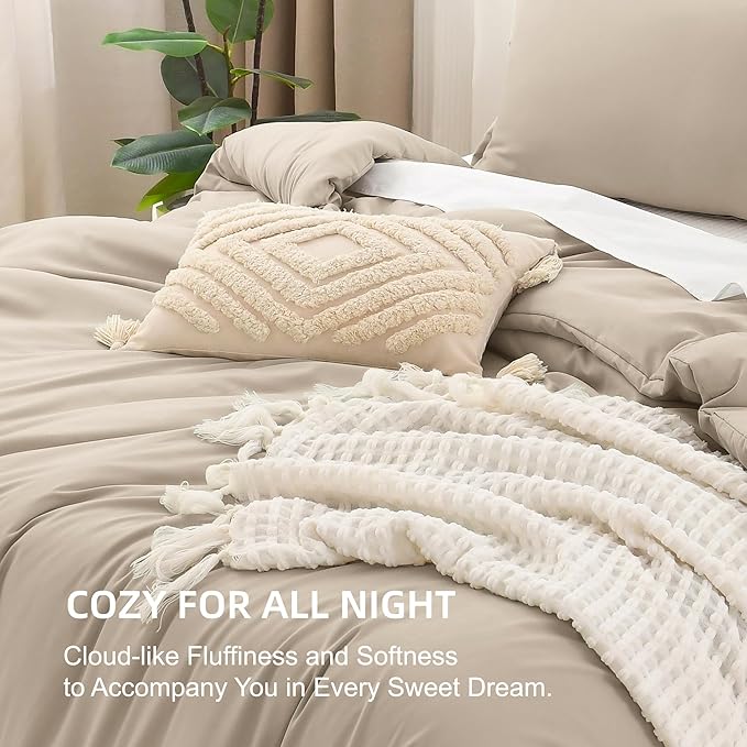 Litanika Khaki Comforter Set King Size, 3 Pieces Solid Bedding Comforter Set, All Season Down Alternative Bed Set (104x90In Comforter & 2 Pillowcases)