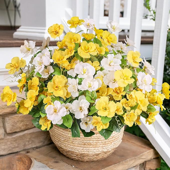 Fall Flowers Fake Flowers Mums for Outdoors Autumn Decoration, 6 Bundles Artificial Flowers Faux Silk Plants Realistic UV Resistant for Outside Planter Patio (Yellow White)