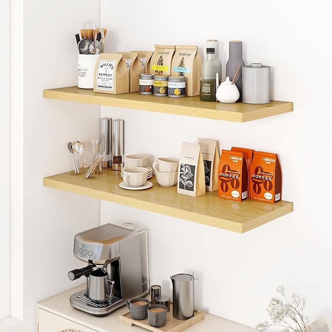 Dreamland 40" Floating Shelves for Wall, 12" Deep Slim Oak Floating Shelves, Wall-Mounted Shelves for Bedroom, Living Room, Kitchen, Bathroom - Set of 2