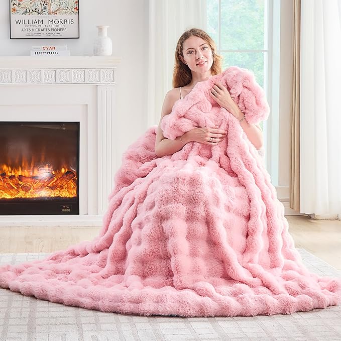 Lotus Karen Faux Fur Throw Blanket Pink - Big Bubble Rabbit Fluff Blanket for Couch, Sall Fluffy Fuzzy Cozy Blanket,Thick Furry Plush Shaggy Blankets,60x80 Inches