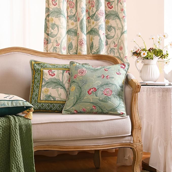 patdrea Designer Pack of 4 Throw Pillow Covers,French Vintage Rustic Linen with Green Floral Pattern Pillows Cover,Decorative Lumbar Square Pillowcases Cushion for Bed Living Room Outdoor Car