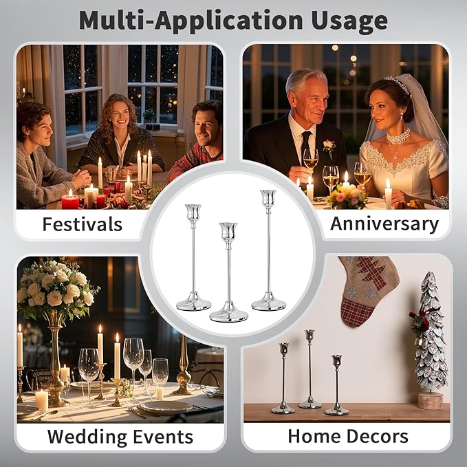 CHILL RECIPE Silver Taper Candle Stick Holders Tall Candle Holder, Vintage Candlesticks Holder Bulk for Home Decor Table Centerpiece Dining Party Festival Decorations (2 Set 6Pcs)