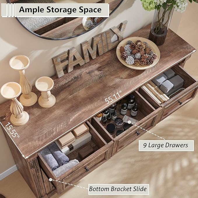 9 Drawers Dresser for Bedroom, Farmhouse 55" Wide Dressers & Chests of Drawers w/Roman Column, Large Storage Dressers Organizer for Bedroom, Living Room, Hallway, Light Brown